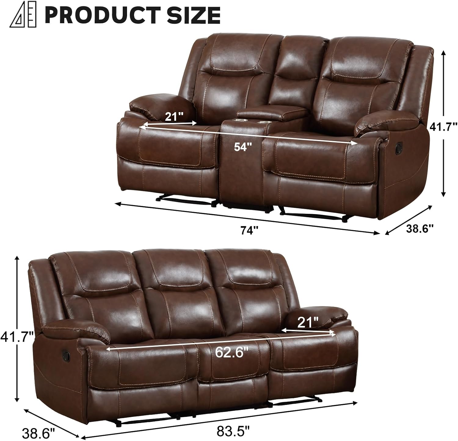 EBELLO Genuine Leather Recliner Manual Sofa Set, Reclining Loveseat and a 3 Seater Sofa Furniture Set with Storage and Cup Holders, Modern Durable Home Furniture for Living Room, Vintage Brown