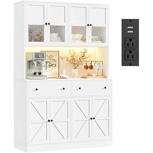 FINETONES 71" Pantry Cabinet with LED Light and Charging Station, Farmhouse Kitchen Pantry Cabinet with Microwave Stand, 47.2" Wide Kitchen Hutch Food Pantry with Open Countertop, White