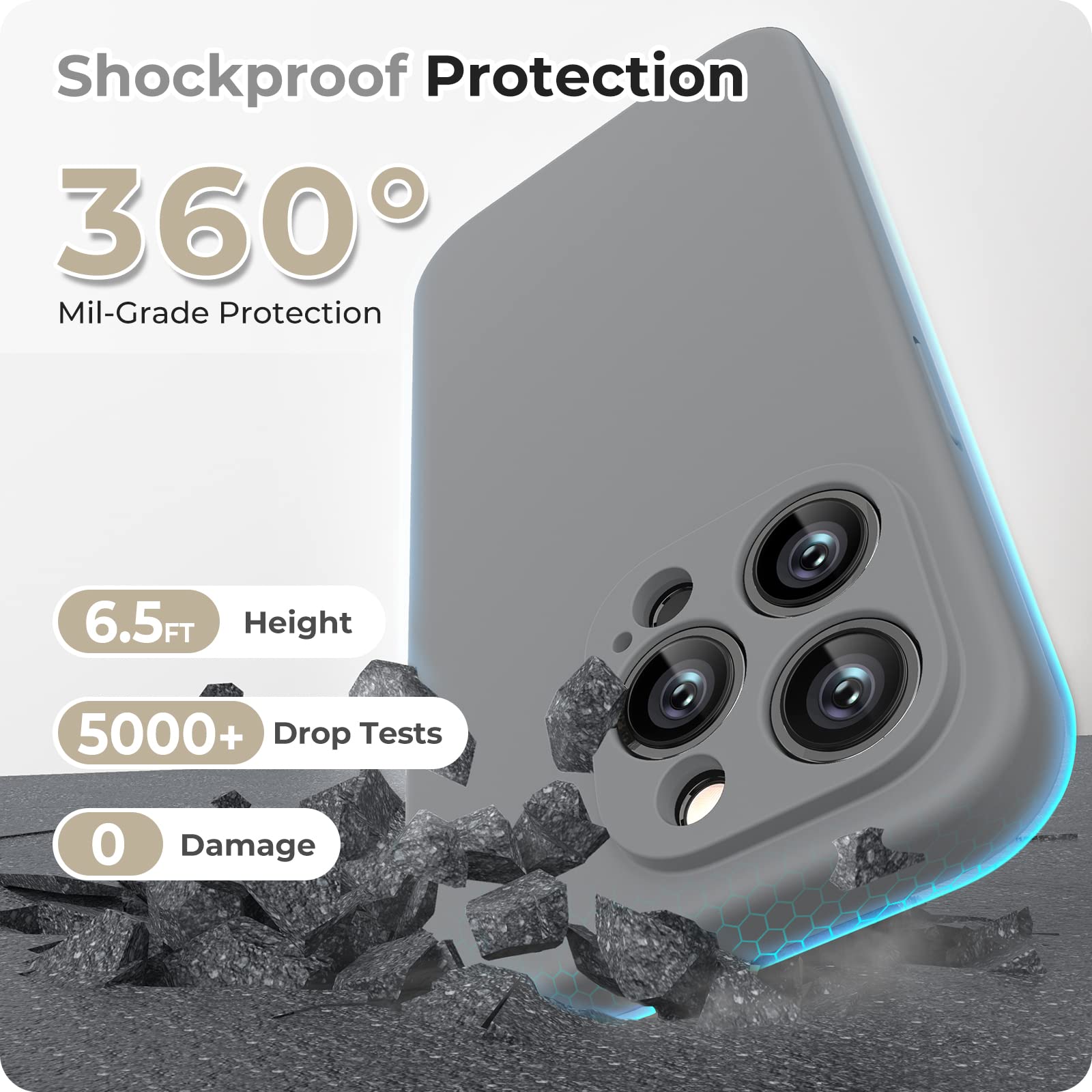 GOODVISH 3 in 1 Cover in Silicone per iPhone 14 Pro 6,1" (2022), con 2 Pezzi di Pellicola Protettiva, iPhone 14 Pro Custodia per Cellulare Antiurto Resistente Protezione Fotocamera, Grigio