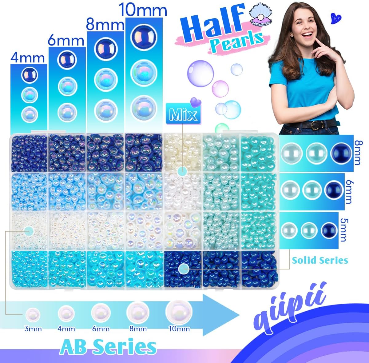 qiipii 28 Types Blue Flatback Pearls w B7000 Jewelry Glue for Bedazzling Crafting 3mm 4mm 5mm 6mm 8mm 10mm Flatback Colorful AB Half Pearls Charms for Nails Face Eyes Makeup Crafts Tumblers Bottles