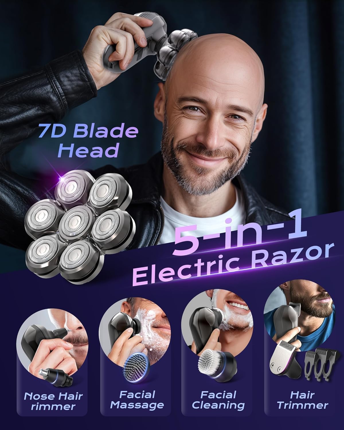 Glatzen Rasierer Herren, Upgrade-7D Kopfrasierer Glatze, Elektrischer Nass-/Trockenrasierer wasserdicht IPX7 mit Magnetische Schwebender Kopf & LED-Anzeige, Bart Nasenhaar Trimmer Pflege Kit