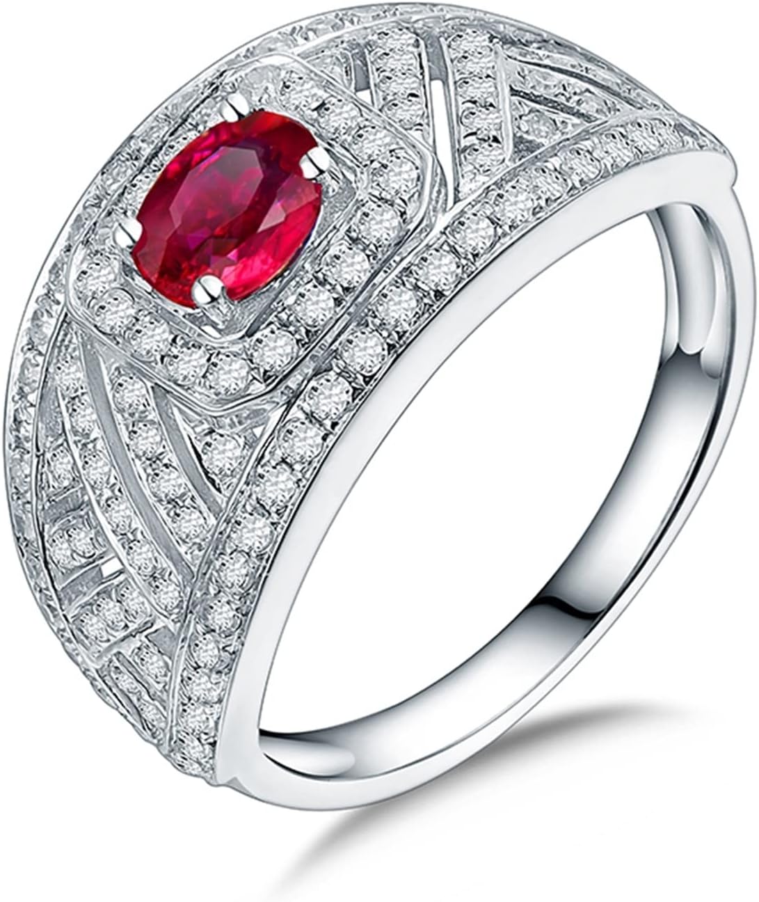 Engagement Ring 18K White Gold, Delicate Rings Hollow 0.48ct Ruby with Diamond Ring Wedding Gift for Women