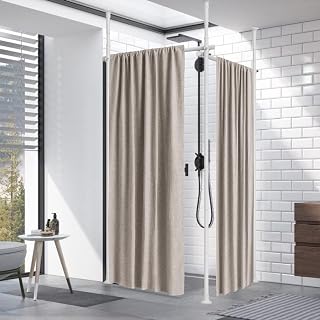 HOSKO Double Curtain Divider Stand - 48 to 144 inches Expandable Curtain Rods Room Divider, Damage Free Freestanding Vertical Tension Stand, White