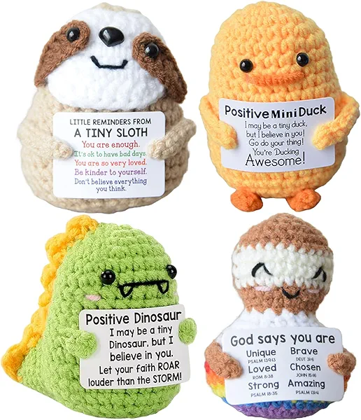 JoyChoi Positive Crochet Animals – 4-Pack Handmade Mini Plush Duck, Sloth, Dinosaur & Mystery Figure – Cute Emotional Support Gifts for Mental Health, Birthday, Graduation & Christmas for Women & Men