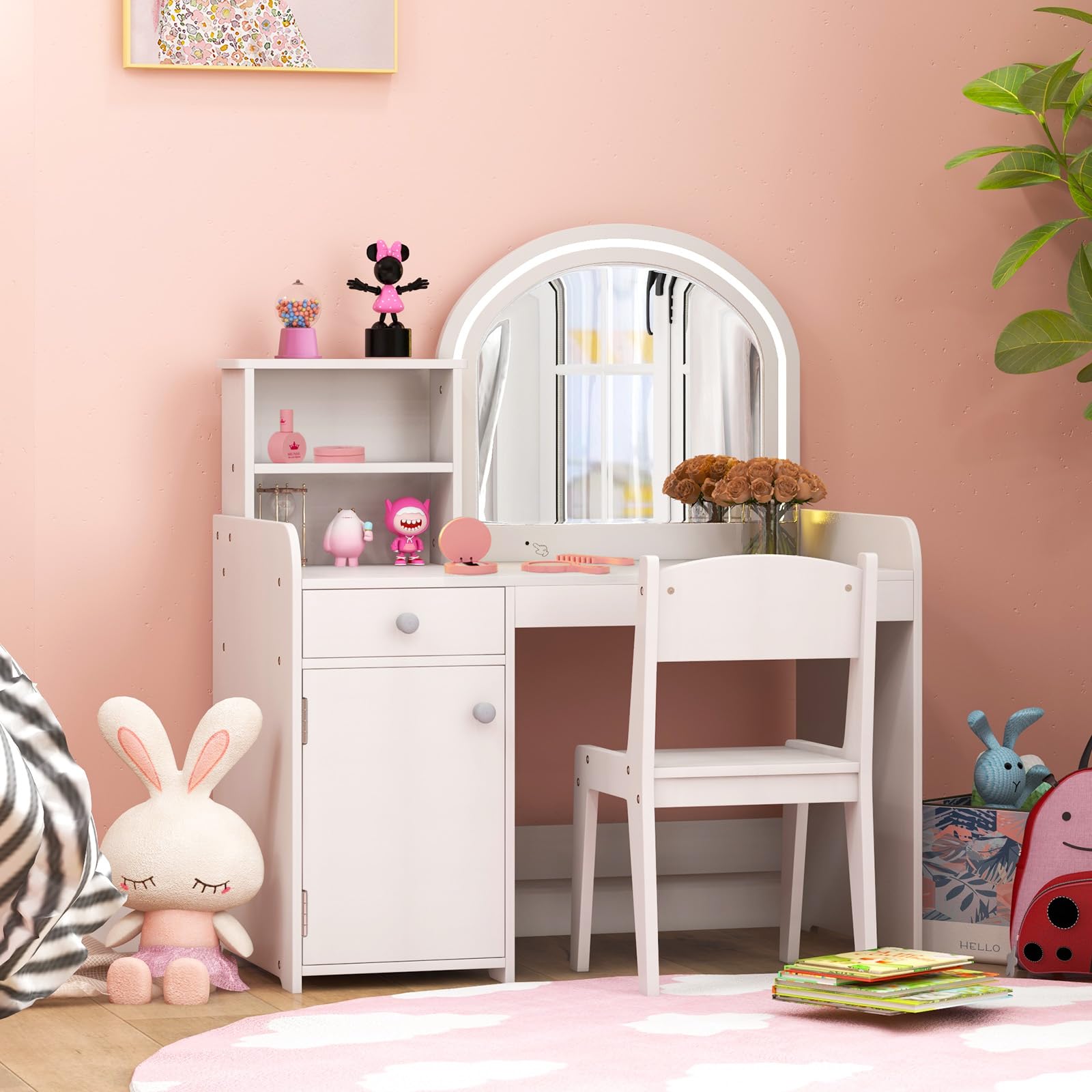 COSTWAY Tocador de Maquillaje Niña con Luces LED 2 Colores, Mesa y Silla para Niños, Espejo Acrílico Blanco