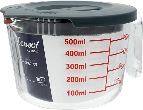 Consol Palma Borosilicate Glass Measuring Jug with Cover, 500 ml Capacity, Clear/Grey