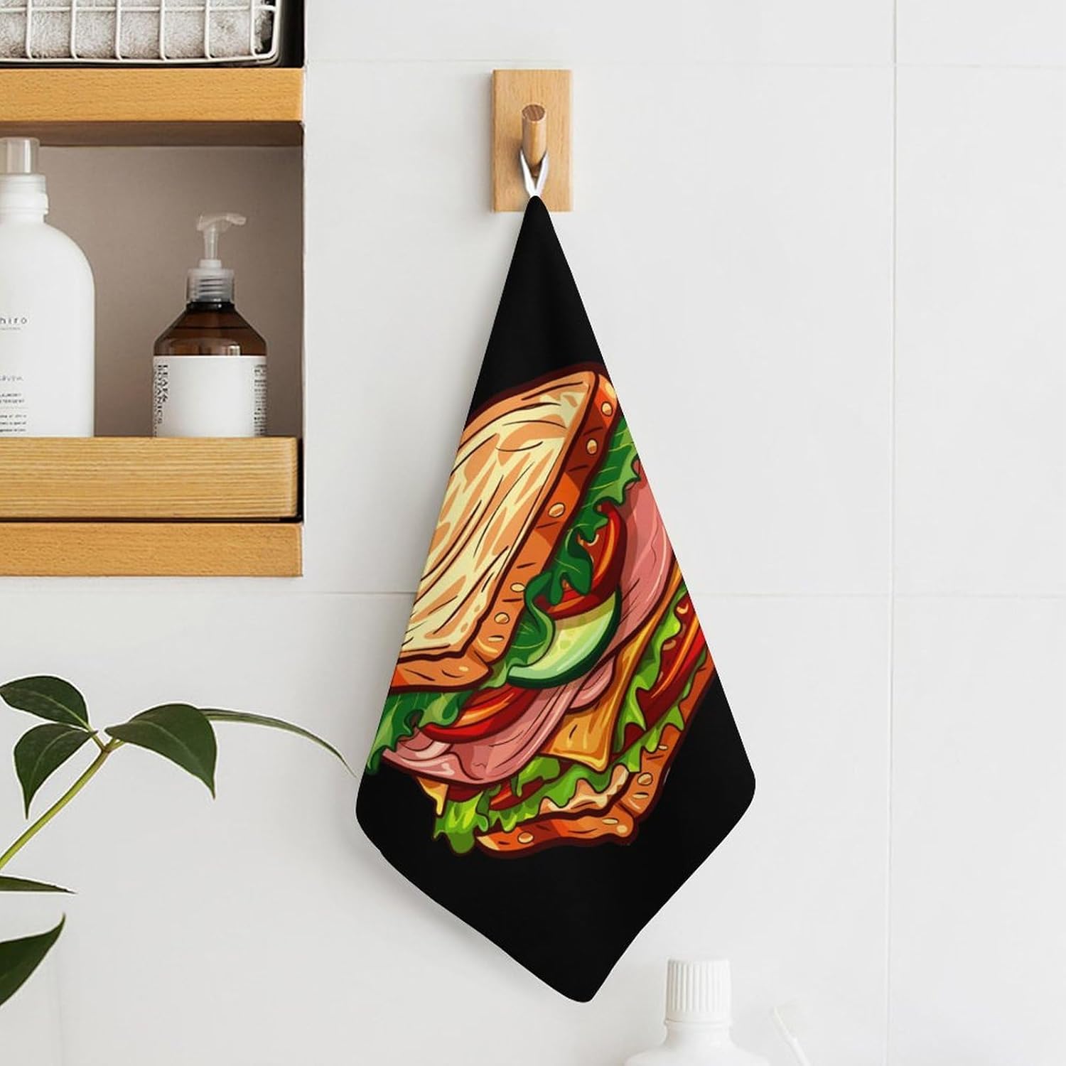 Sandwich Whole Wheat Turkey Ham Hand Towels for Bathroom Kitchen Towels Small Towel Handkerchiefs with Hanging Loop 4PCS