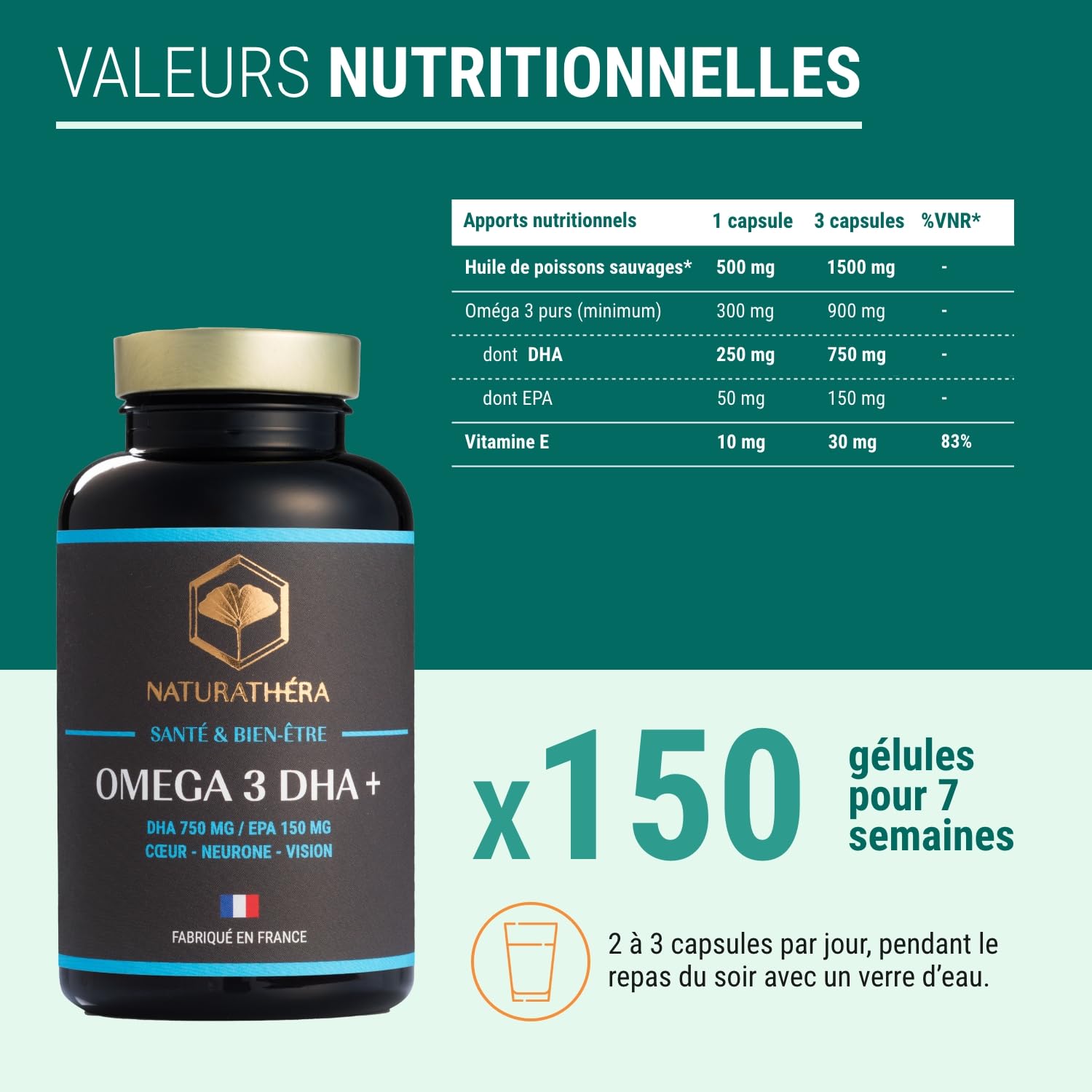 OMÉGAS 3 DHA + - Dosage Fort - O3 & Pureté - Sans Odeur - Anti-inflammatoire - Complément Alimentaire Cerveau Coeur Vision - 150 Gélules - Fabriqué en France - Sans Additif Allergène OGM