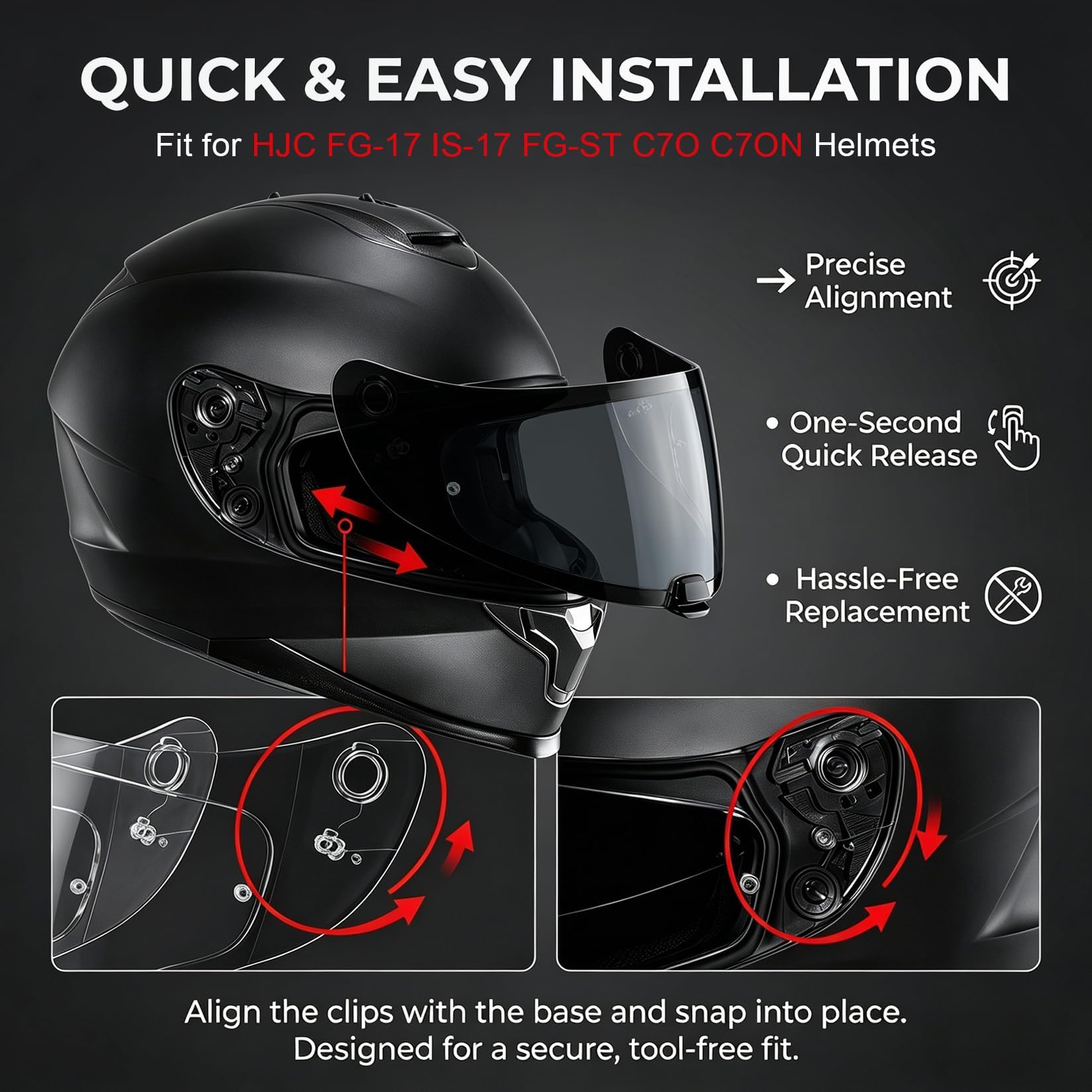 PSLER für HJ-20M Motorradhelm Visier Ersatzvisier Kompatibel mit HJC FG-17, IS-17, FG-ST, C70, C70N, Kratzfest UV-Schutz Helmvisier, Pinlock Ready(Hell Schwarz)
