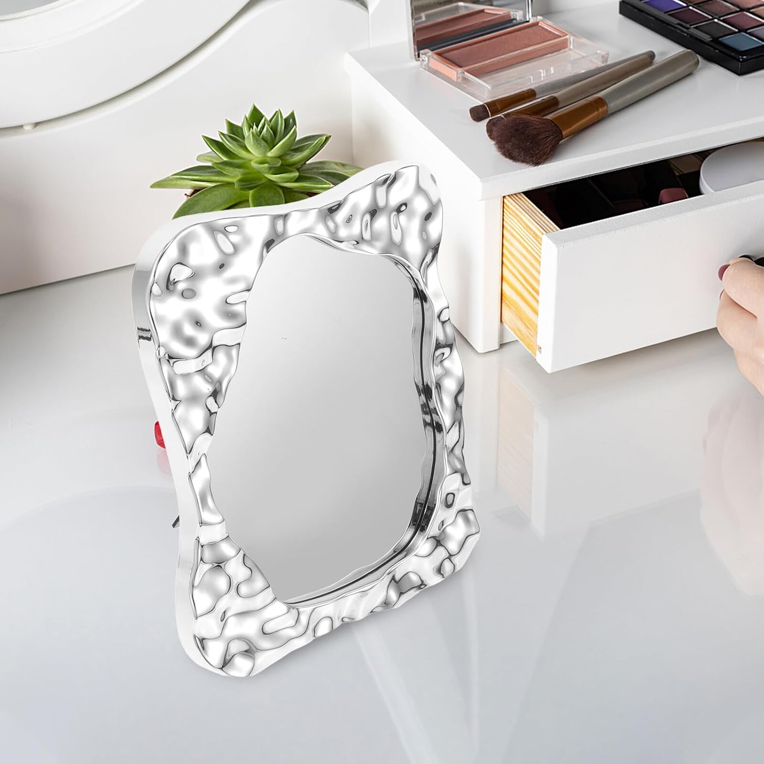 BETOOKY Desktop Vanity Mirror Compact Square Makeup Mirror Silver Electroplated Tabletop Dressing for Personal Beauty and Travel Use