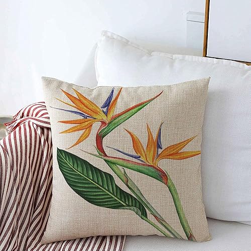 Funda de almohada decorativa de granja roja exótica, pájaros, paradisíaco, flores, acuarela blanca, naturaleza, hojas azules, follaje, plantas,