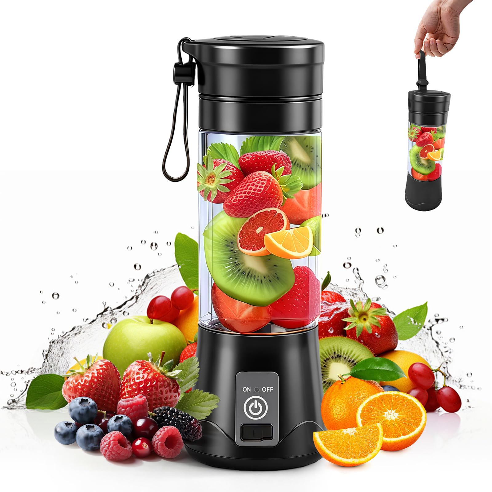 Mini mixeur portable noir de 380ml avec écran numérique et 10 lames