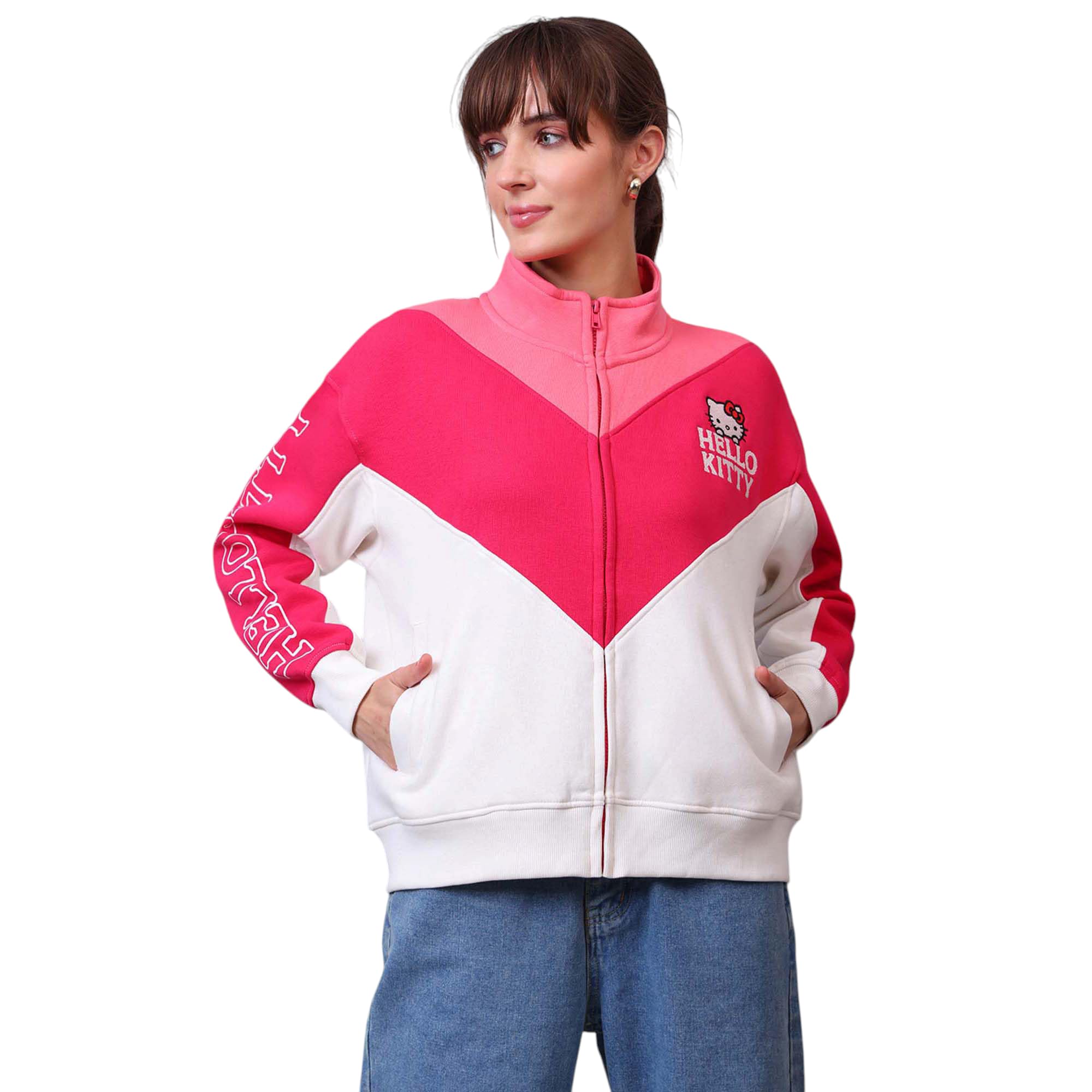 free authority Official Hello Kitty Graphic Printed Pink & White Relaxed Fit Sweatshirt for Women-picture-18
