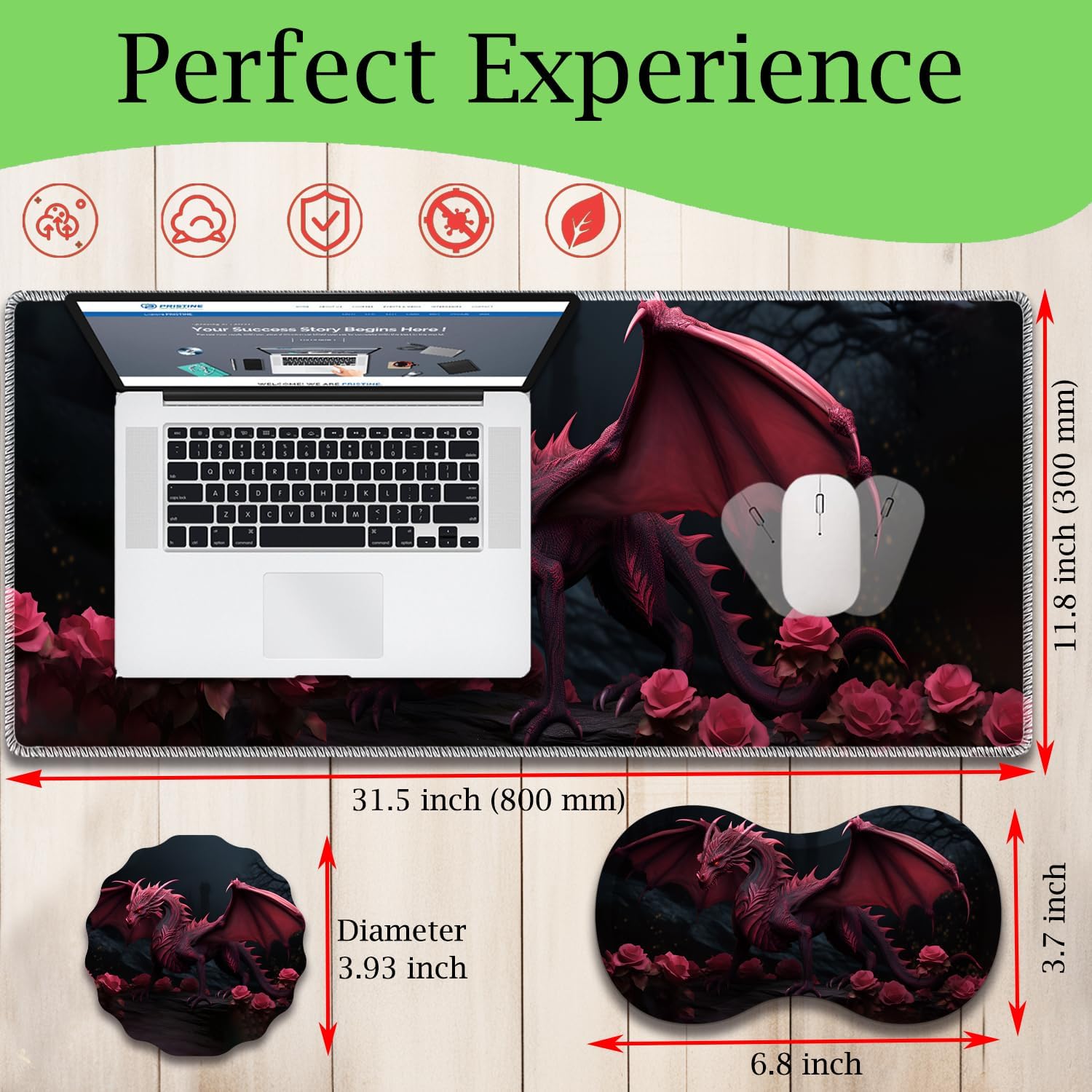 Mouse Pad Set, Large Gaming Mouse Pad (31.5X 11.8 inches)+ Wrist Rest Pad + Coaster, Ergonomic Wrist pad, Home Office Desk Accessories Decor Supplies, Rose Dragon