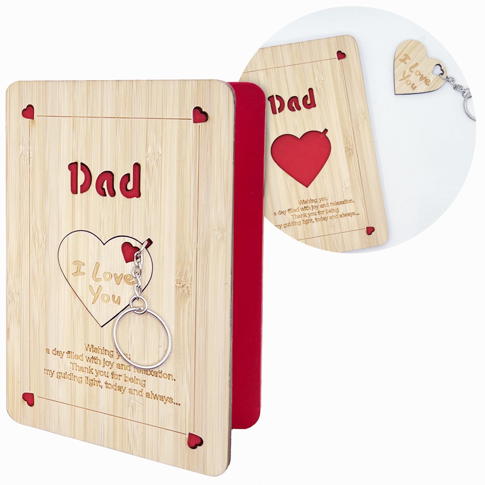 Della Stella Happy Fathers Day Cards,Keyring Set,Handmade Wooden Greeting Cards with Display Stand,Wooden Thankyou Card,Father's day Card for Dad