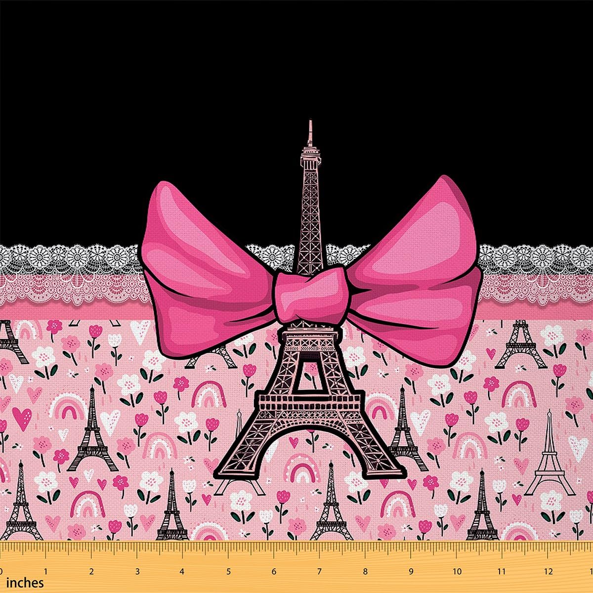 Homemissing Eiffel Tower Fabric by The Yard 3 Yards (L276*W150cm) Romantic Paris Bowknot Decor Waterproof Outdoor Fabric Black Pink Upholstery Fabric for Chairs Modern French DIY Reupholstery Fabric