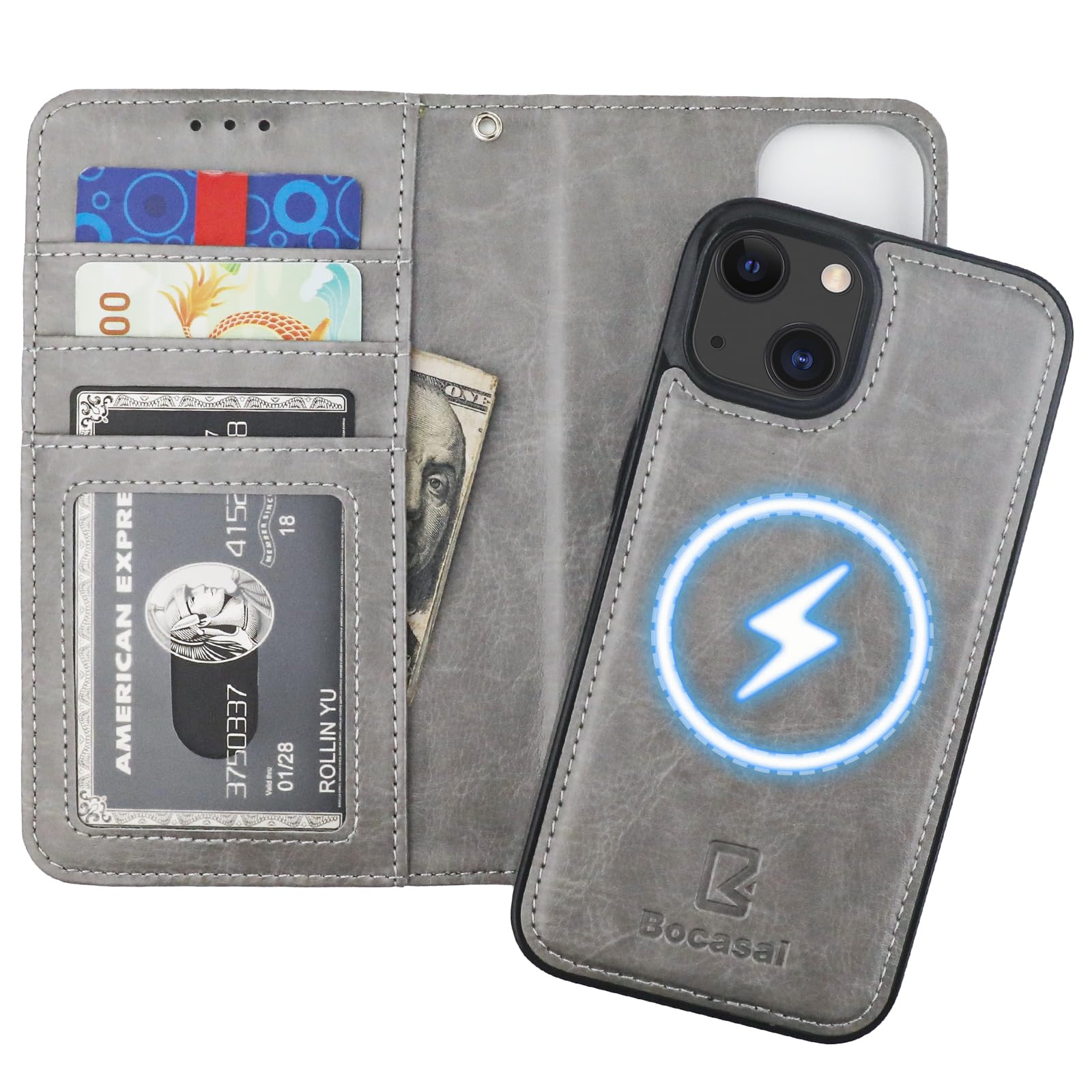 Bocasal for iPhone 13 Wallet Case Compatible with MagSafe Wireless Charging, RFID Blocking Magnetic Leather Case with Card Slots Holder Kickstand