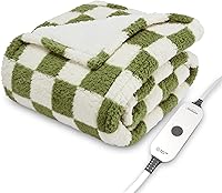 Sunbeam Royal Sherpa Heated Throw with Foot Pocket, 50x60 Electric Blanket, 4 Heat Settings, Auto Shut-Off, Machine Washable, Sage Checkerboard