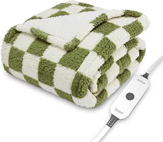 Sunbeam Royal Sherpa Heated Throw with Foot Pocket, 50x60 Electric Blanket, 4 Heat Settings, Auto Shut-Off, Machine Washable, Sage Checkerboard