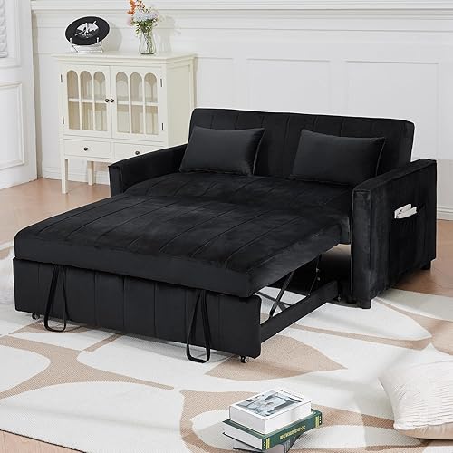 Convertible Sleeper Sofa Bed, 55.51" Modern Velvet 3-in-1 Futon Couch, Pullout Bed with Adjustable Backrest, Storage Pockets and Toss Pillows for Living Room, Bedroom (Black)