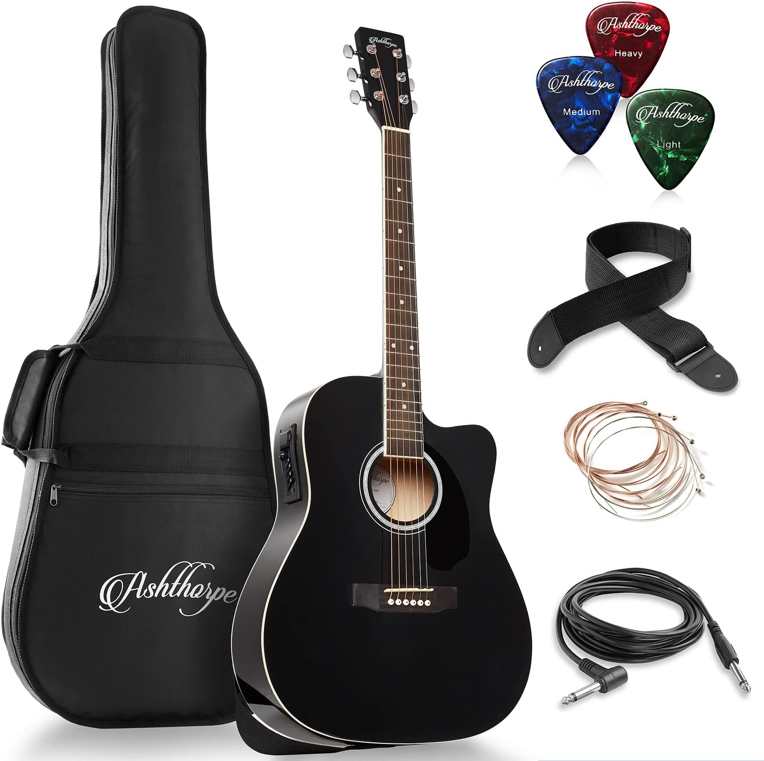 Ashthorpe Full-Size Dreadnought Cutaway Acoustic-Electric Guitar Bundle - Premium Tonewoods - Black