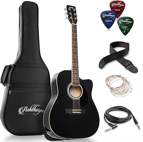 Ashthorpe Paquete de Guitarra Acústico-Eléctrica Dreadnought Cutaway de Tamaño Completo - Maderas Tonales Premium - Negro