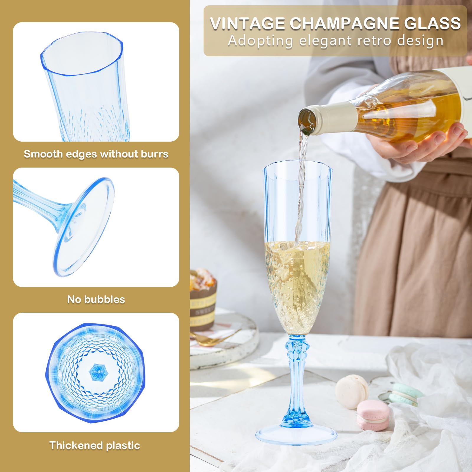 12 copas de champán de plástico con fondo plano, reutilizables, para bodas, aniversarios, cumpleaños, despedidas de soltera, copas de vino o cóctel, regalo (azul)