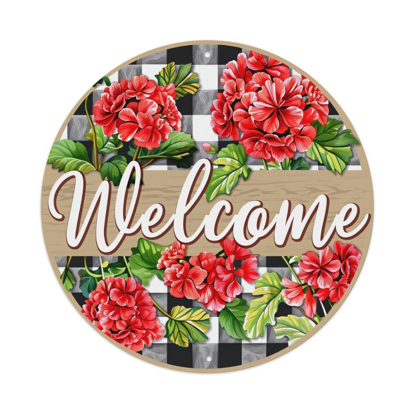 Floral Checkered Wood Welcome Sign Round Tin Sign Vintage Metal Poster, Home Bar Garage Man Cave Cafe Indoor & Outdoor Wall Decoration 8x8Inches
