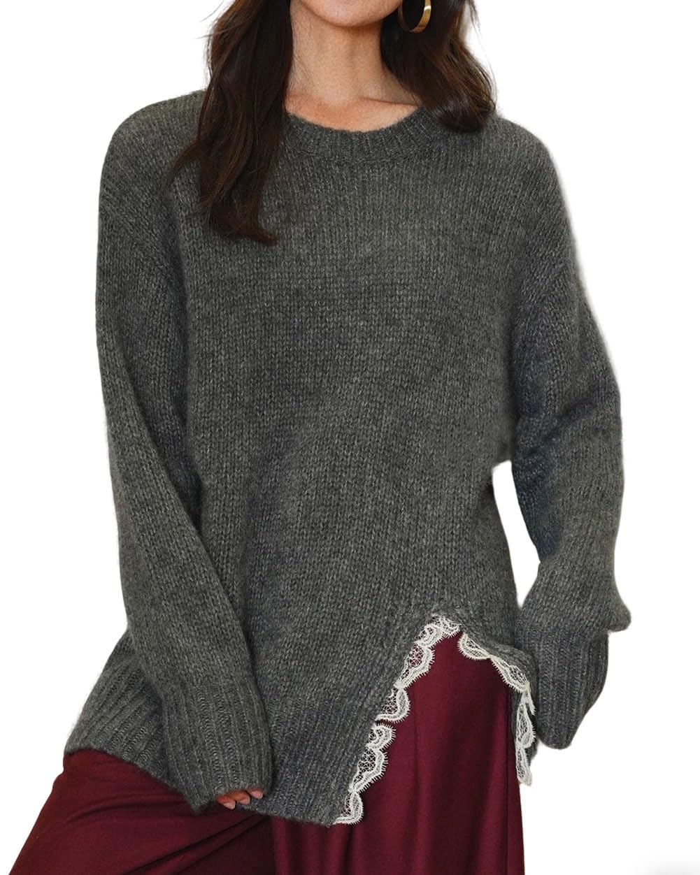 CHARTOU Lace Split Patchwork Oversized Sweater for Women Casual Loose Pullover Sweater Jumper Tops