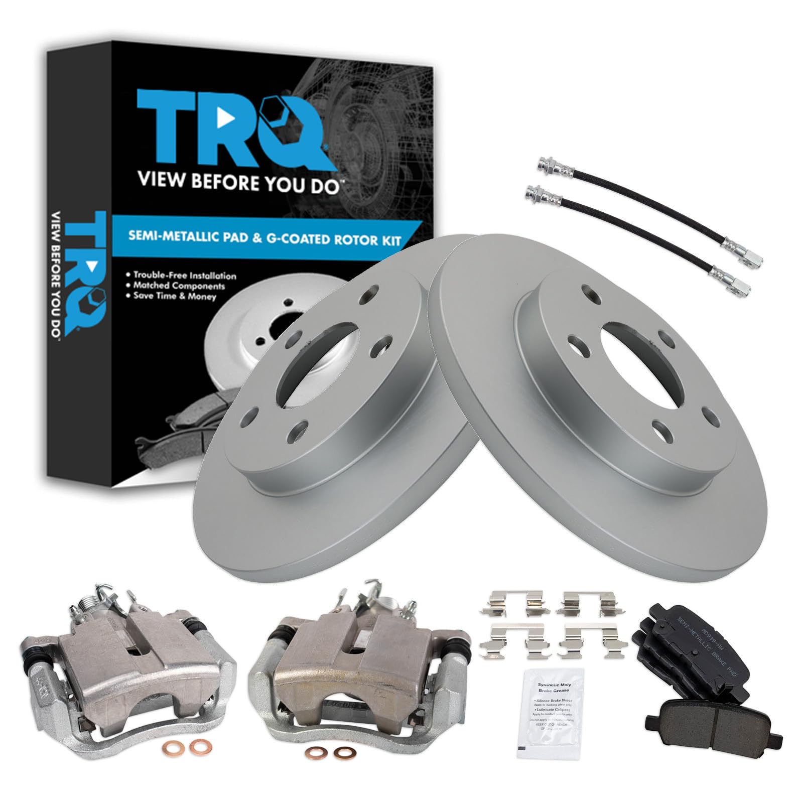 TRQ Rear Brake Pad and Rotor Set Semi Metallic Coated Rotors Calipers Compatible with 2004 Pontiac Grand Prix