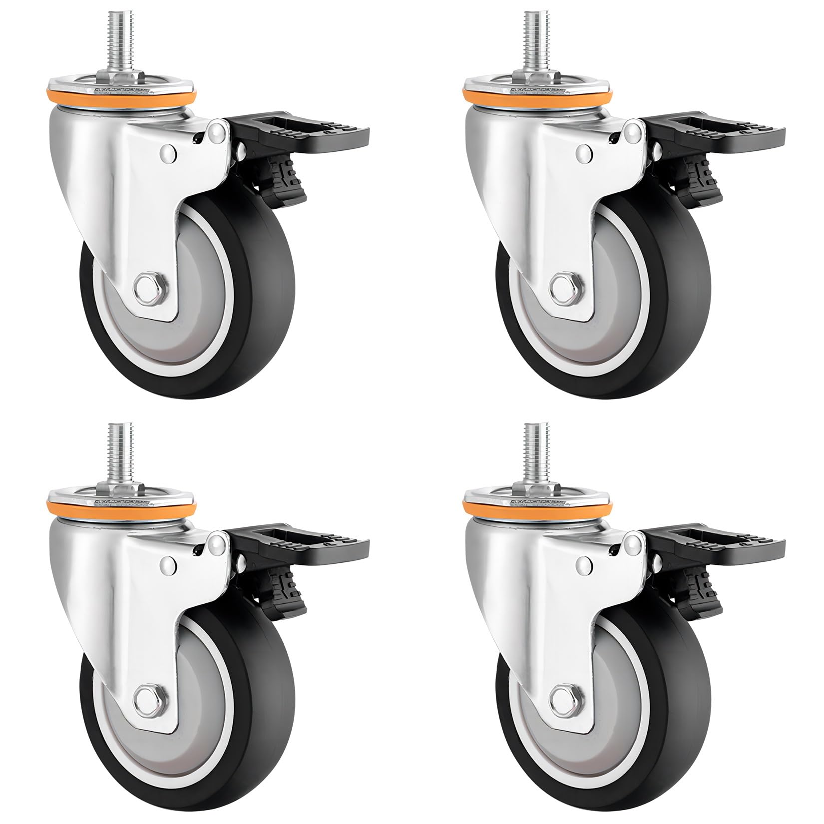 GYEQXKT Set of 4 Swivel Casters 63mm 75mm 100mm 125mm Threaded Stem M10 M12 Silent Smooth TPR Rubber Wheels 360° Rotating with Brake for Furniture & Carts