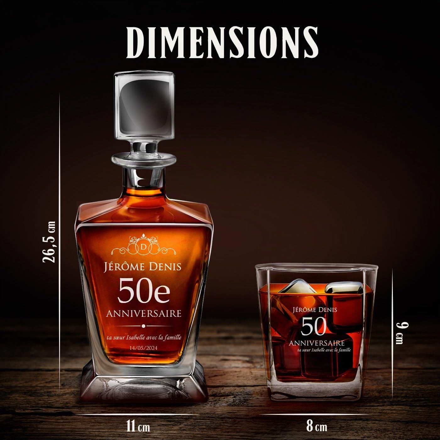 Maverton Ensemble de Carafe et 4/6 Verres à personnaliser - 0,8l Décanteur Whiskey + 2/4/6 Verres de 250ml - Souvenir pour homme - Service à Whisky pour lui - pour anniversaire - 50 ans