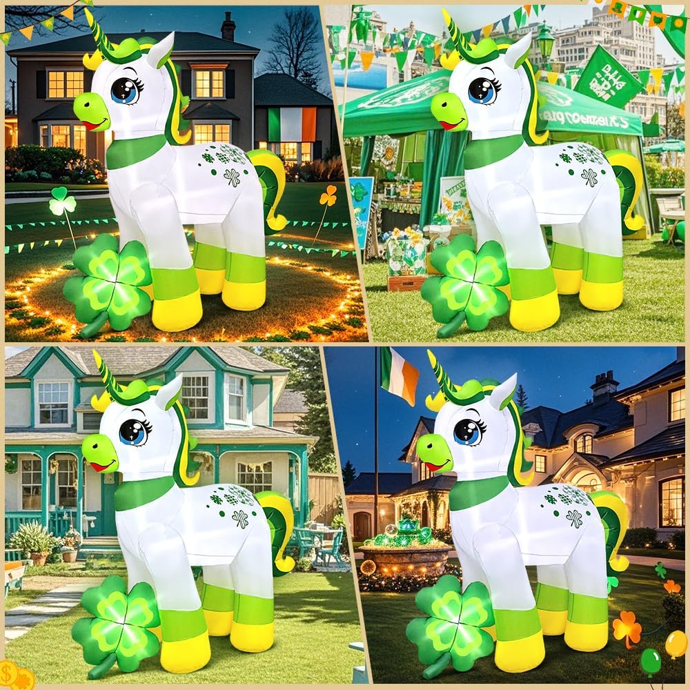 KOOY 5 FT St Patricks Inflatables Unicorn with Shamrock Outdoor Decor, Lucky Clover St Patricks Blow Up Yard Decorations, St Patrick Decorations for Yard Holiday Party Garden Lawn Décor - Image 2