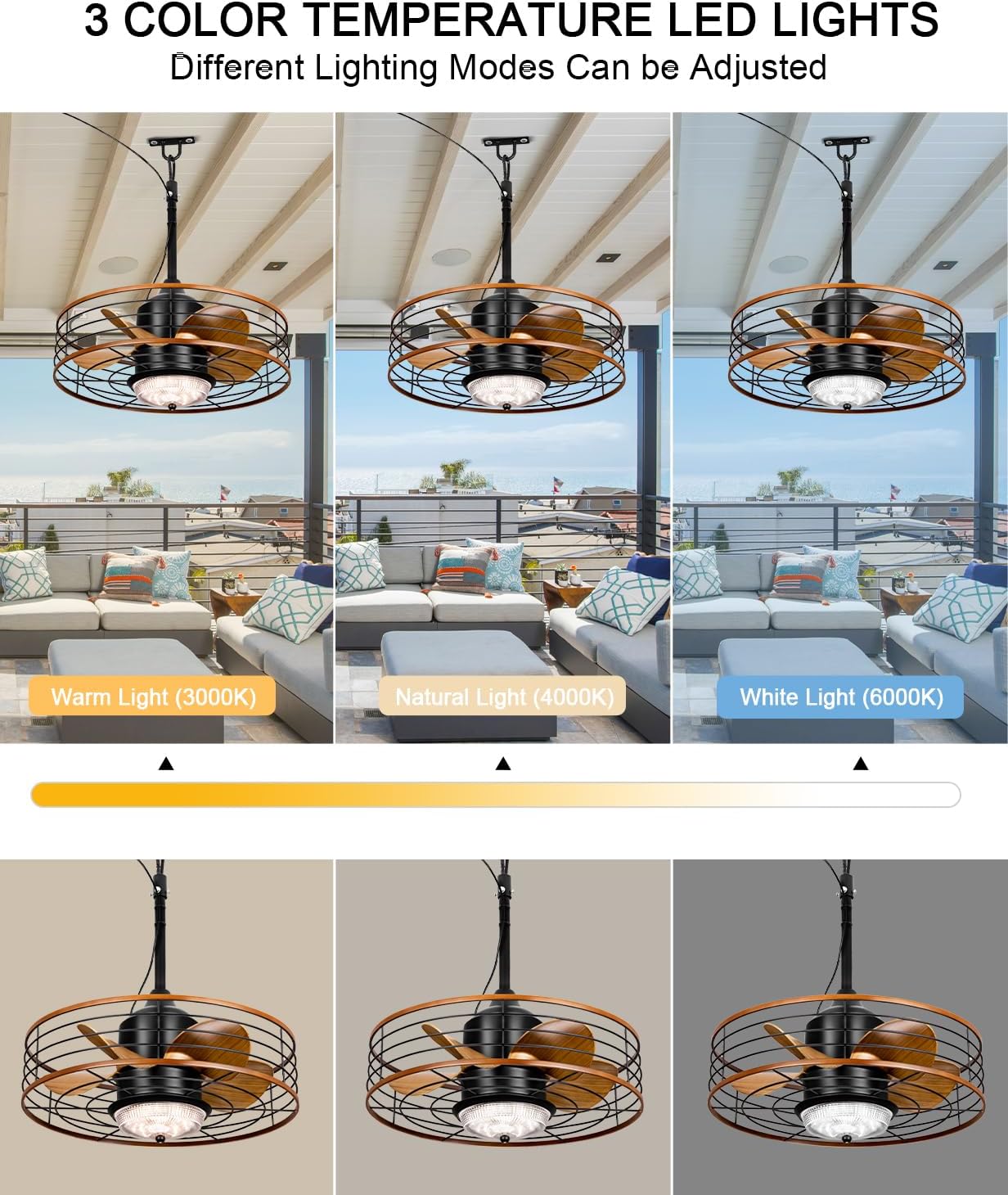 Outdoor Waterproof Caged Ceiling Fan with 3 Color LED Light, App/Remote Control, Quiet DC Motor, Plug-in Cord Hook Installation,Gazebo Ceiling Fan with Light for Patios, Pergola, Canopy