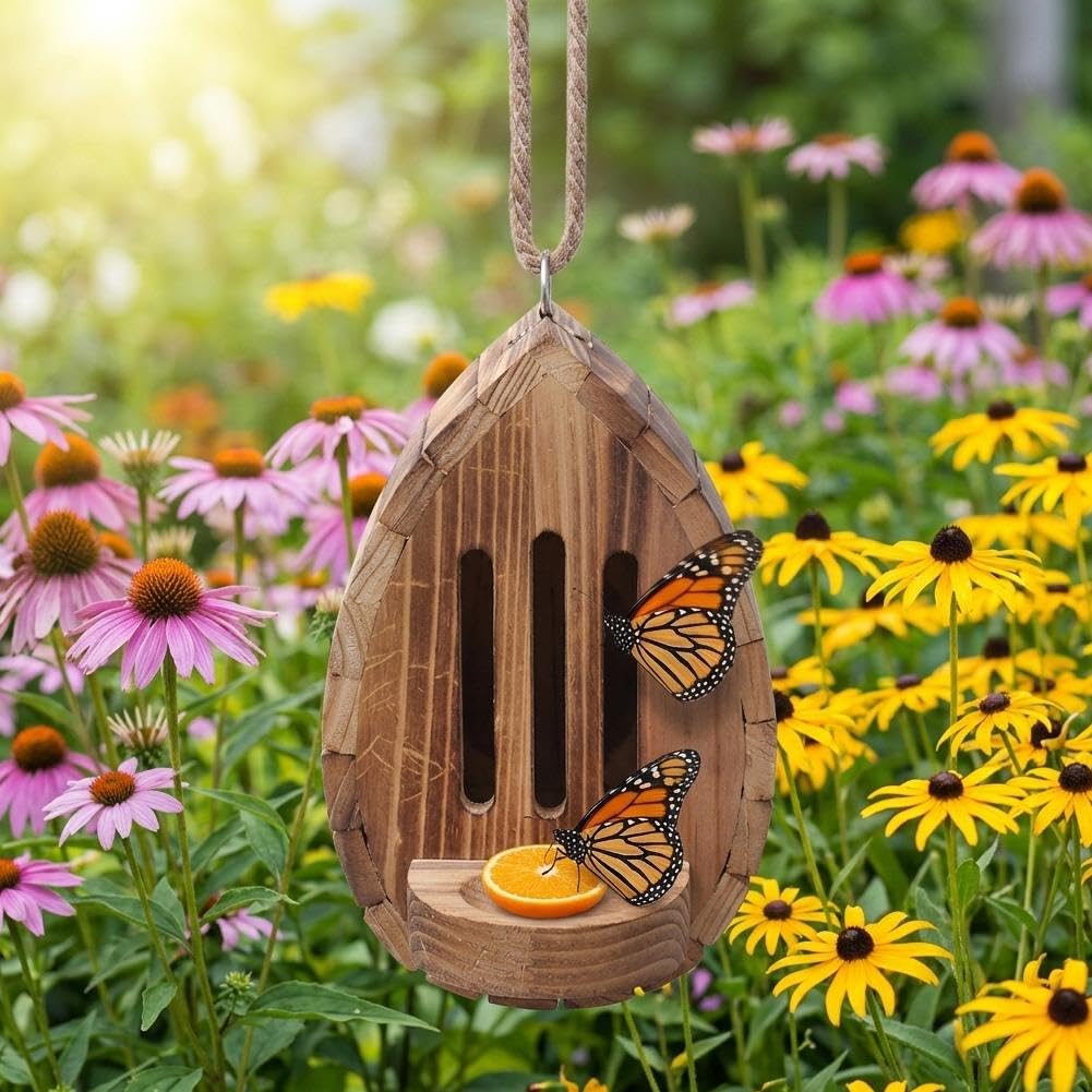 Teardrop Shaped Wooden Butterfly House, 2026 Hanging Butterfly Habitat & Feeder with Rope, Outdoor Butterfly Shelter, Weatherproof Garden Yard Decor, Natural Insect Pollinator House Ornament
