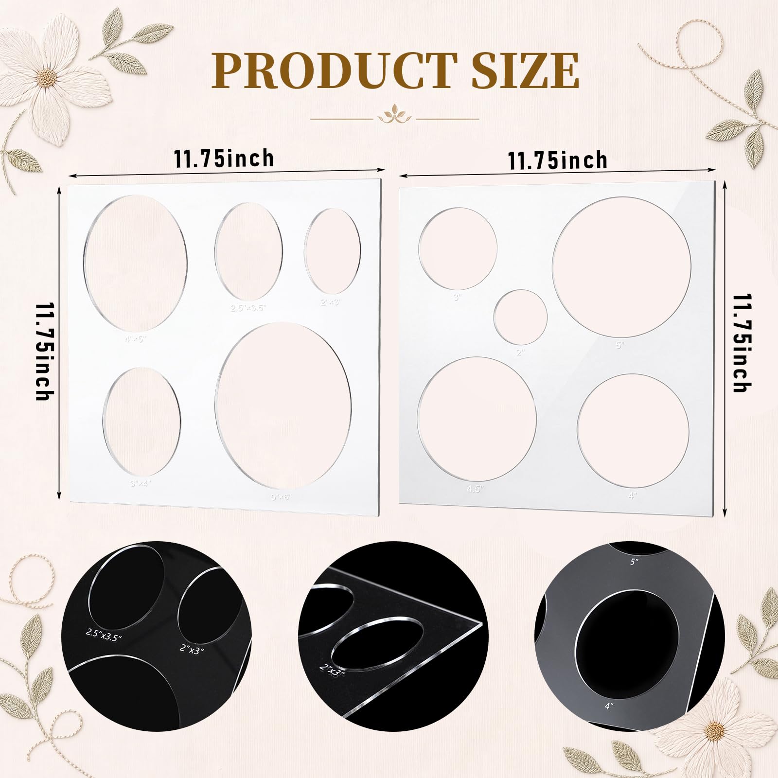 Dunzoom Paquete de 2 plantillas de bordado de acrílico transparente de 11.75 x 11.75 pulgadas, plantillas de forma circular y ovalada para punto de cruz, costura, manualidades, plantilla de