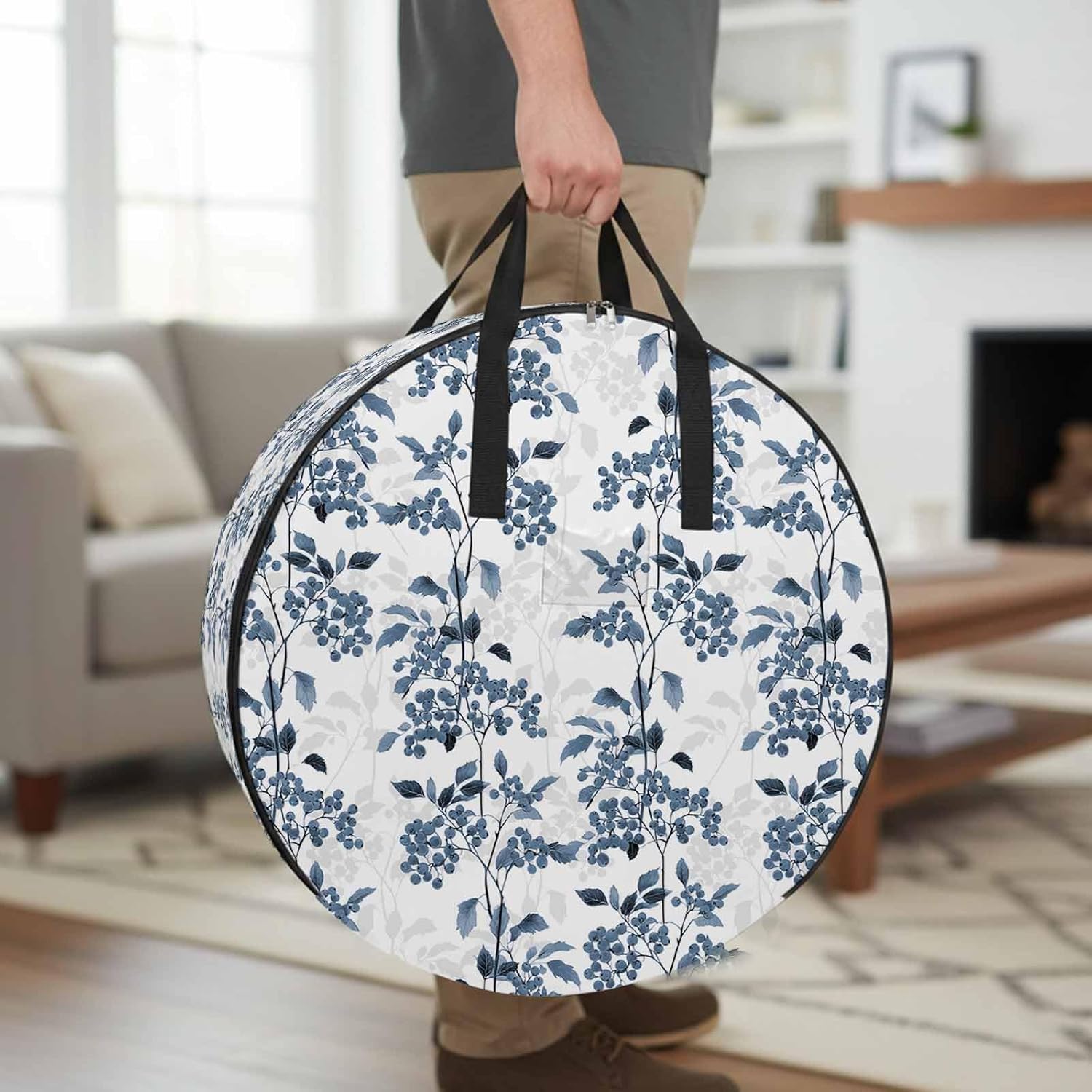 Storage Bag Blue Fruit Round Storage Totes Bins Closet Organizers with Zippers & Handle Berry Leaves Nature Clothes Storage Container for Bedroom Dorm Space Saving Packing Supplies Moving Bags