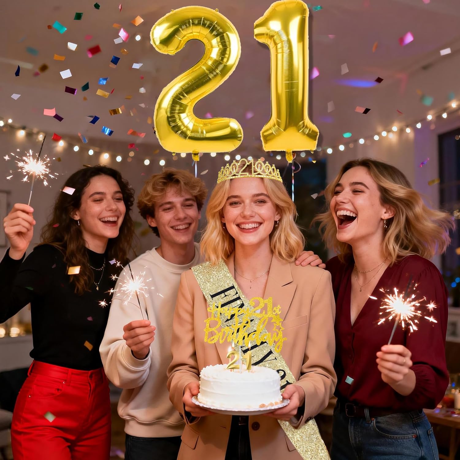 21st Birthday Decorations for Her with 21st Birthday Sash and Crown, Number Balloons, Birthday Card, Cake Topper and Candles, 21 Year Old Female Gifts for Her, Gold - Image 7