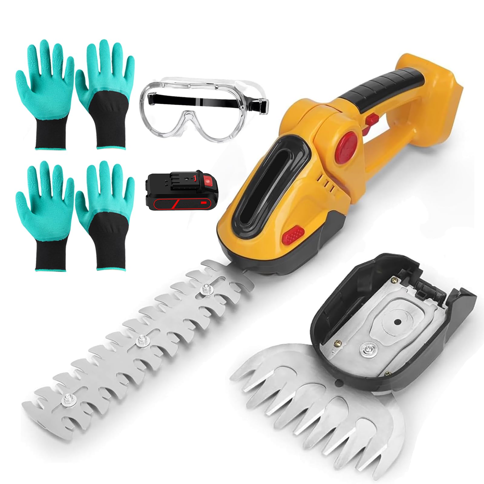Taille-haie sans fil 2 en 1 avec batterie 1500 mAh et 2 lames interchangeables jaune
