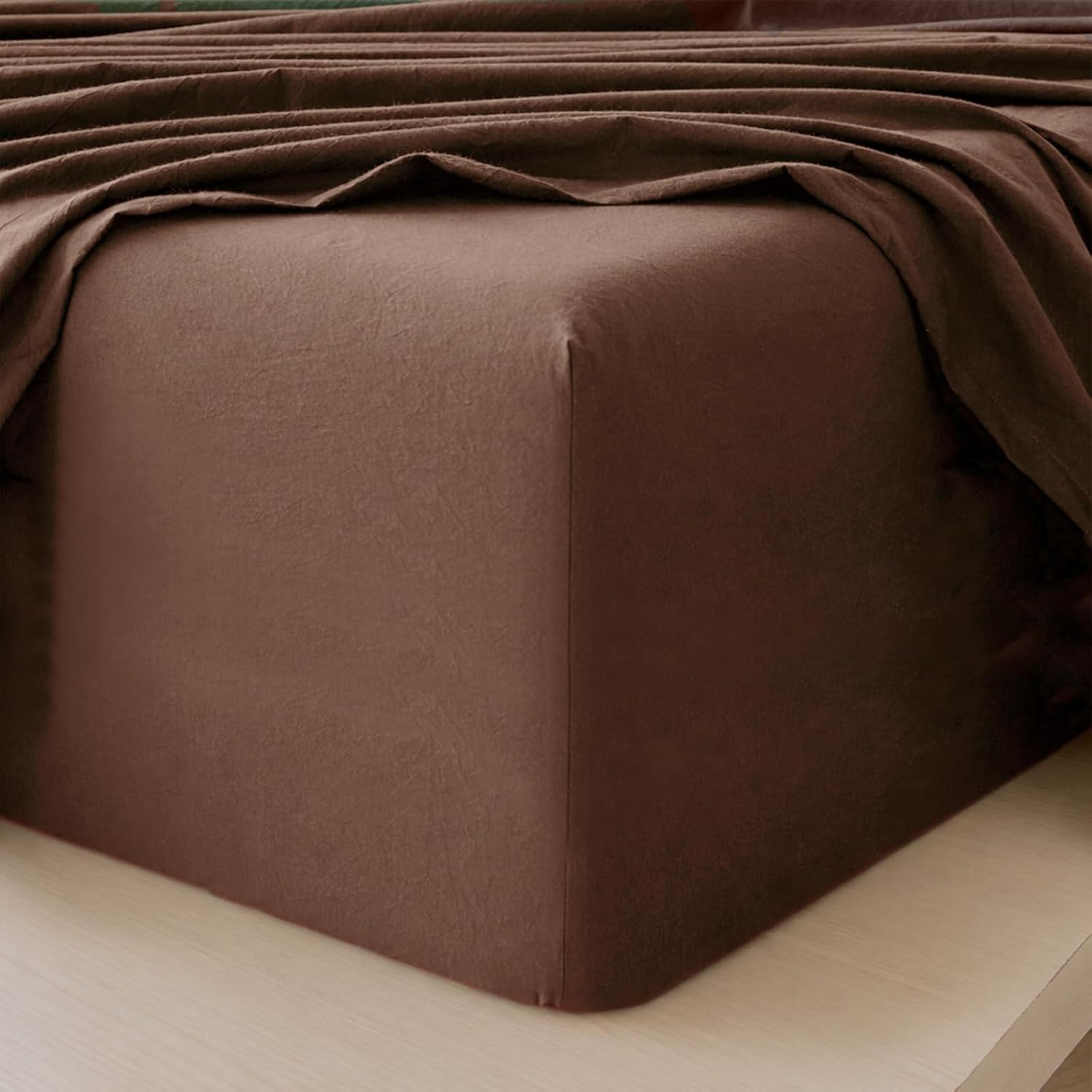 MooMee Fitted Bottom Sheet Only 100% Washed Cotton Linen Like Textured Breathable Durable Soft Comfy Deep Pocket Fits Mattress up to 17" (Cocoa Brown, Queen)