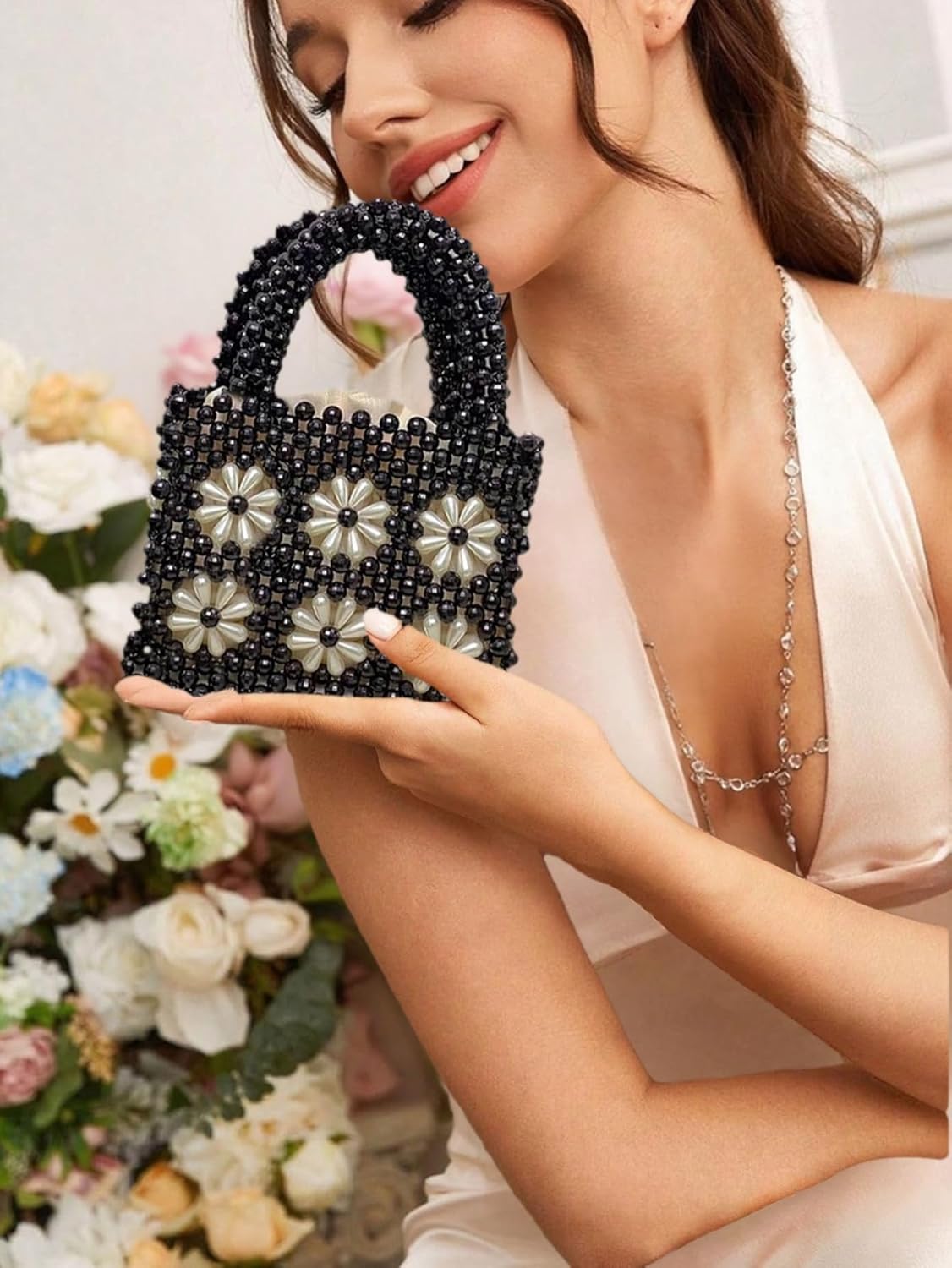Women Beaded Handbags Elegant Handmade Weave Purse Crystal Pearl String Tote Bags for Banquet Wedding Cocktail - Image 3