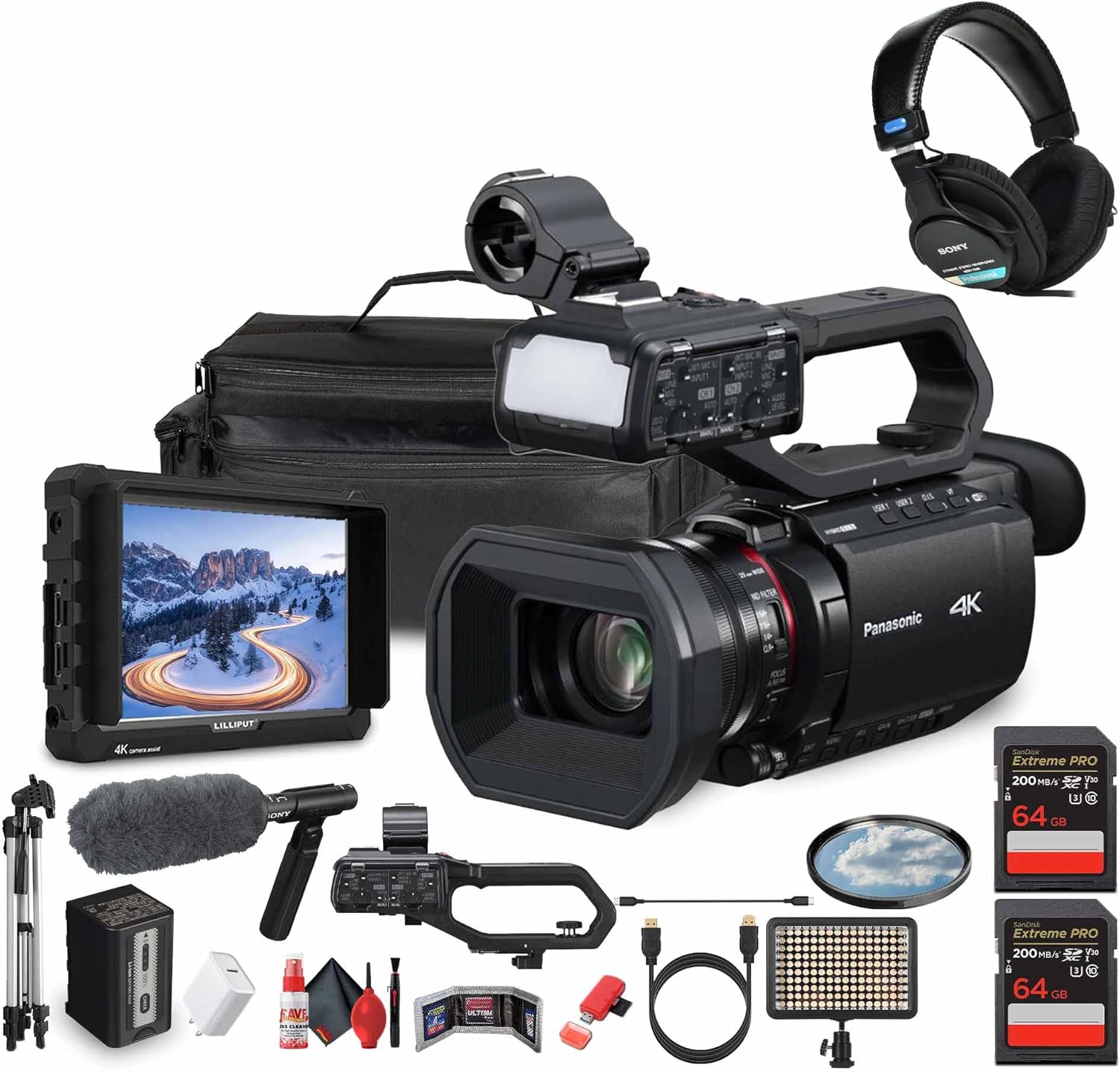 Panasonic HC-X2100 UHD 4K 3G-SDI/HDMI Pro Lightweight Camcorder with 24x Zoom (HC-X2100) + Pro Mic + Monitor + Pro Headphones + Case + LED Light + Tripod + 2 x 64GB Memory Card + USB-C Cable + More
