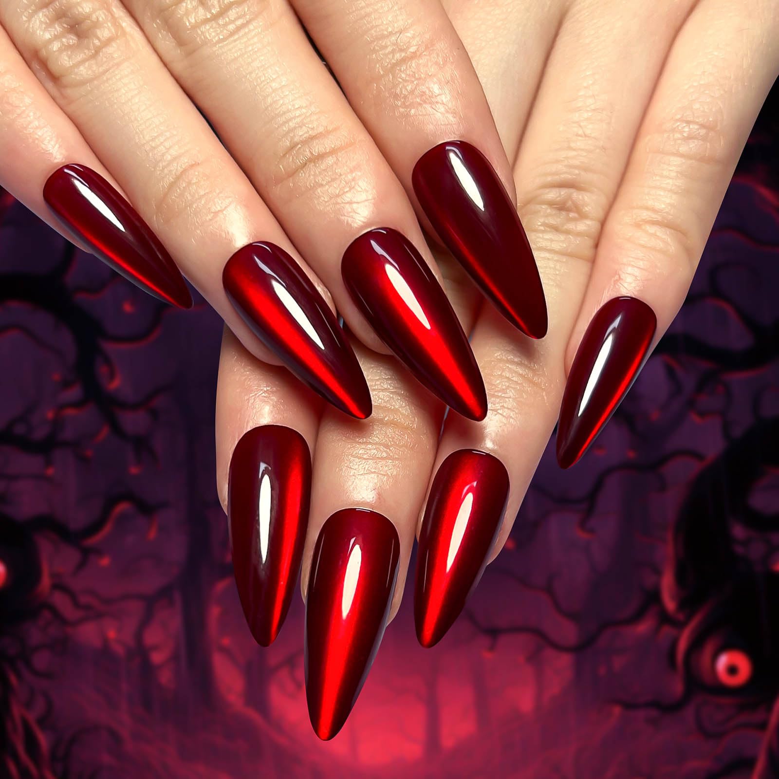RUOKEXIN 30Pcs Halloween Press On Nails - Long Red Stiletto Fake Nails with Cat's Eye Designs - Solid Color, Mirror Finish - Holiday Stick Ons For