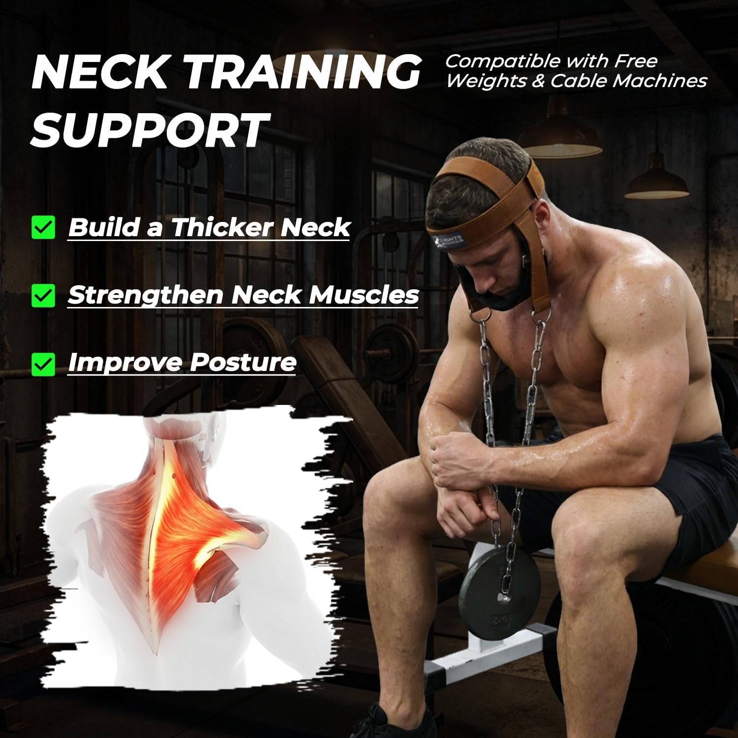 Leather Neck Harness for Neck Strength Training, Adjustable Head Harness with Steel Chain & Carabiners, Padded Genuine Leather Head Strap for Gym & Home Workouts