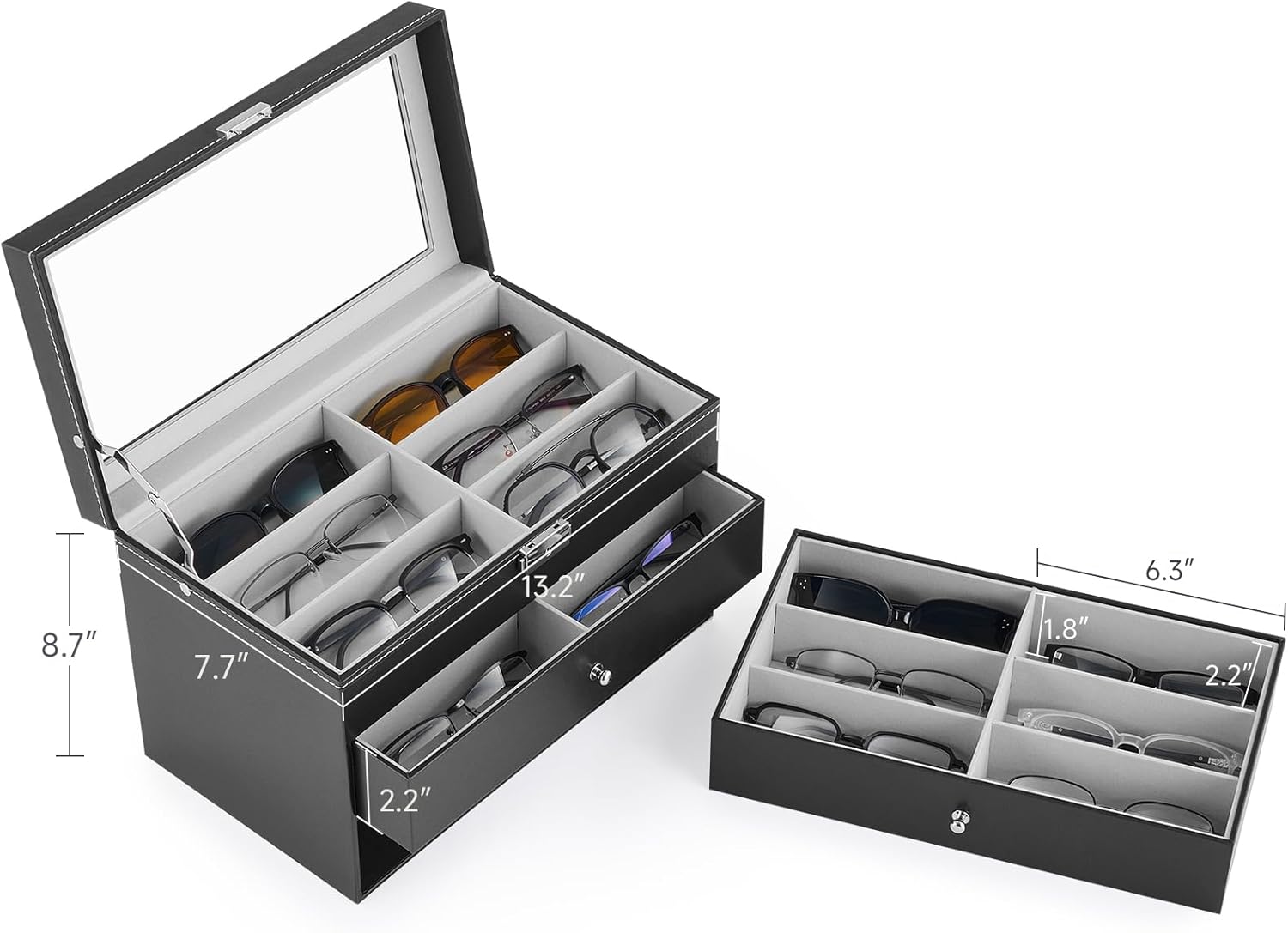 CO-Z Sunglasses Organizer, Leather Eyeglasses Storage Box for Women Men, Lockable Sunglass Display Case Holder with Drawer