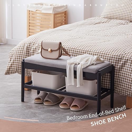 Miniatura 6 de STDDRE Banco de zapatos de entrada de bambú de 2 niveles con cojín de asiento acolchado, banco de zapatos, organizador estable para entrada,