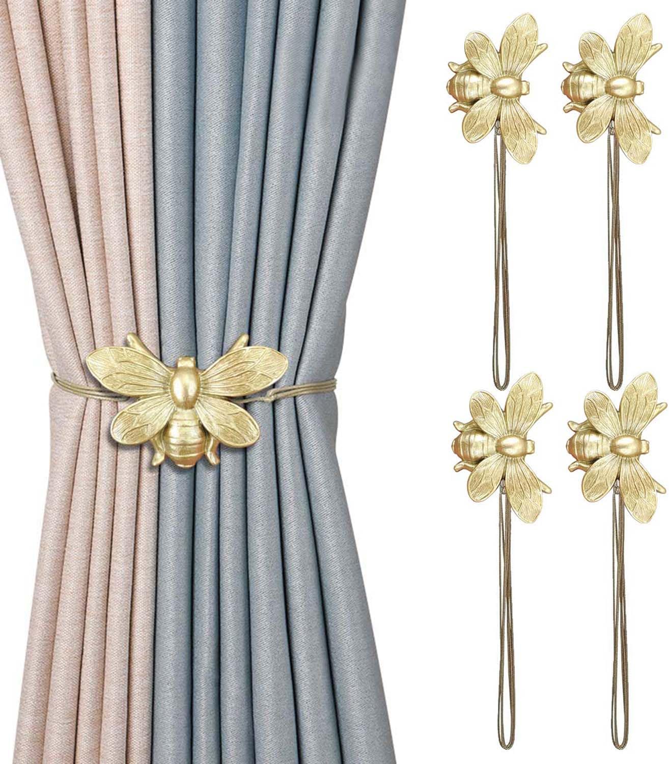 Curtain Holdbacks, Resin Magnetic Tiebacks Golden Bee Holders, Decorative Ties for Drapes, Farmhouse Home Decoration Accessories, Set of 4