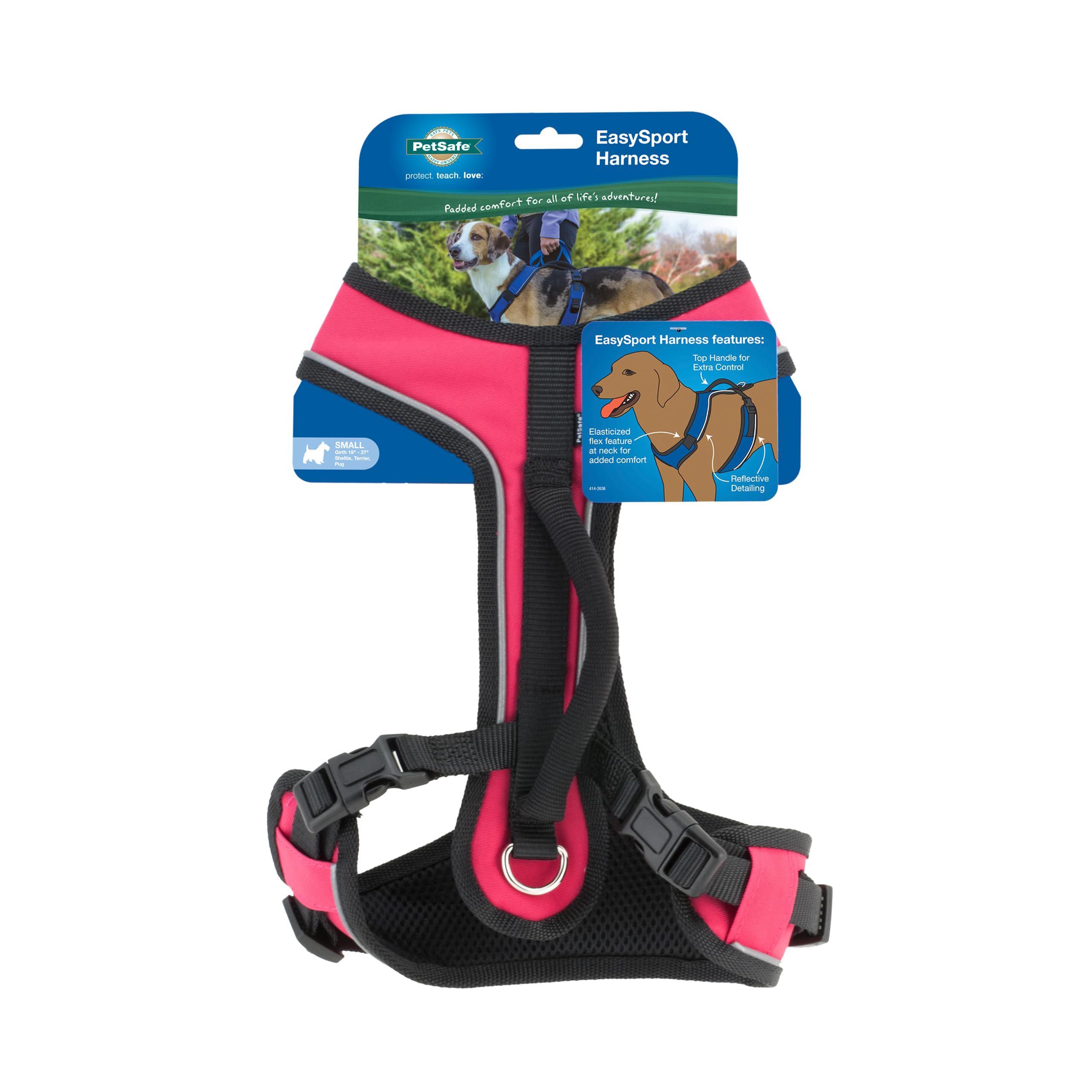 PetSafe EasySport Harness - Durable Padded Fabric, Adjustable Elastic Neckline, Rear-Leash Attachment & Nighttime Reflective Visibility - No Choke or Gag Secure Fit - Small - Pink, Small, Pink