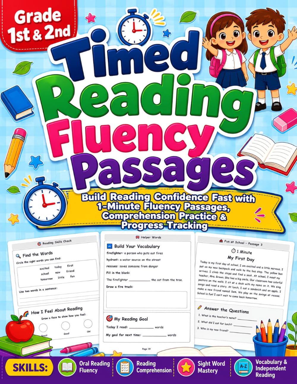 Timed Reading Fluency Passages 1st - 2nd Grade: Minute Reading Passages, Oral Reading Fluency Practice, Reading Comprehension Activities, Sight Word Fluency & Progress Tracking