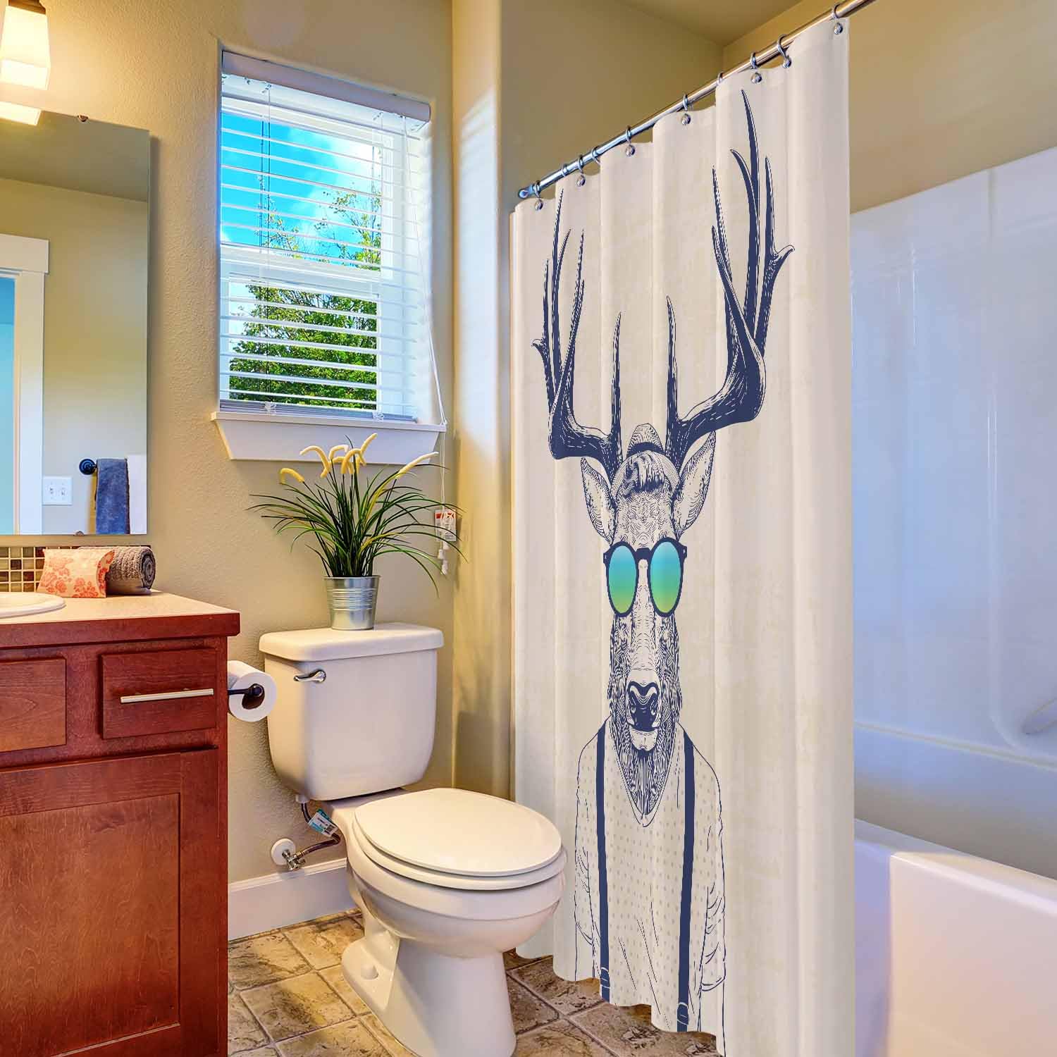 Woutay Shower Curtain Mould Proof Resistant Cool Deer Man,Water Repellant Fabric,Polyester,with 12 Plastic Hooks - Image 4
